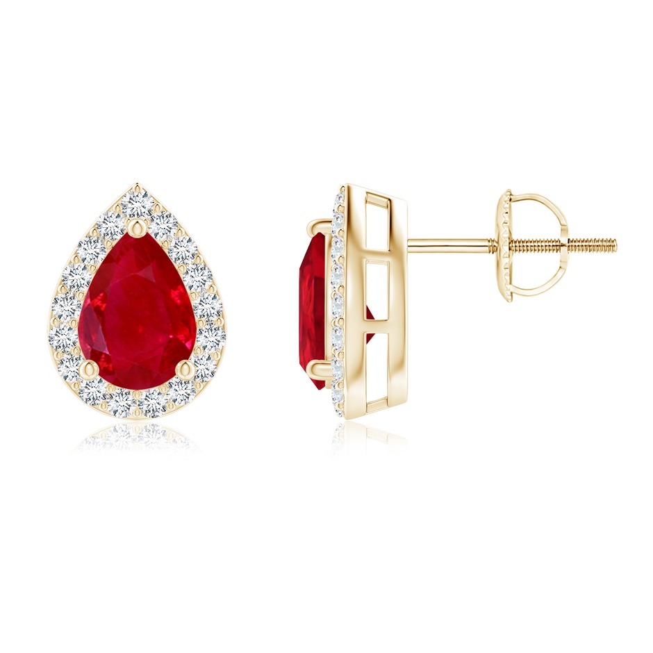 7x5mm AAA Pear-Shaped Ruby Halo Stud Earrings in Yellow Gold 