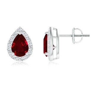 7x5mm AAAA Pear-Shaped Ruby Halo Stud Earrings in P950 Platinum