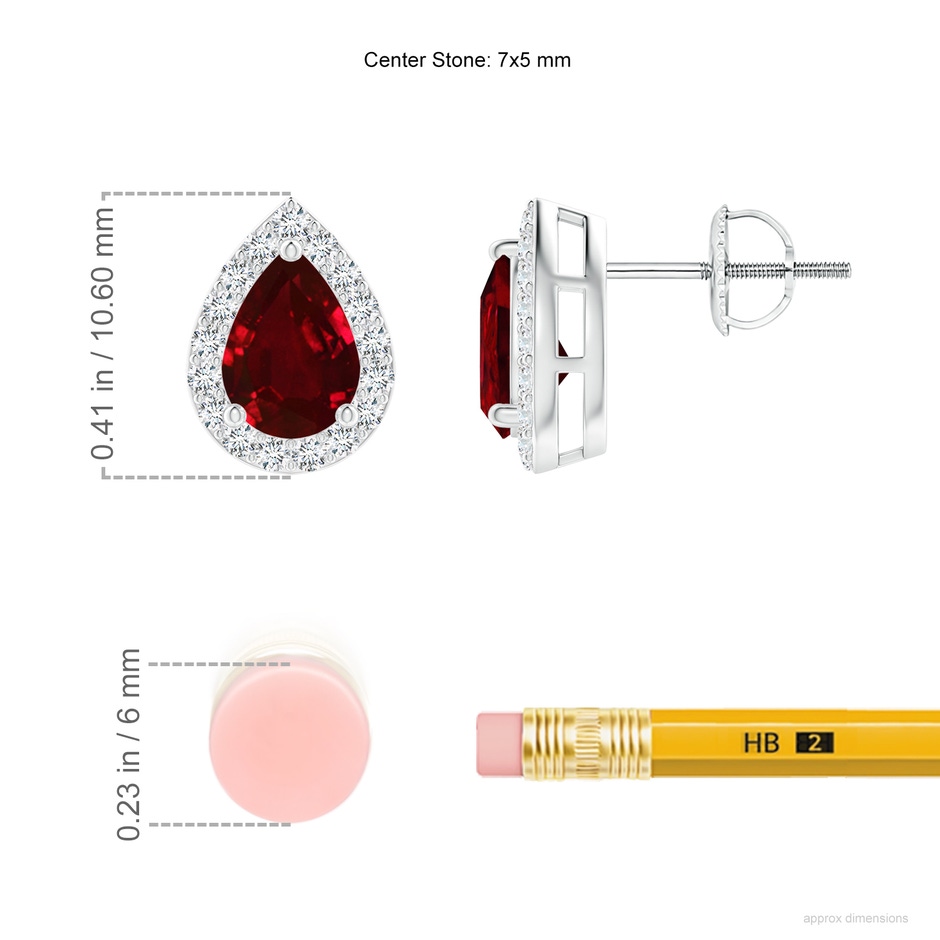 7x5mm AAAA Pear-Shaped Ruby Halo Stud Earrings in P950 Platinum ruler