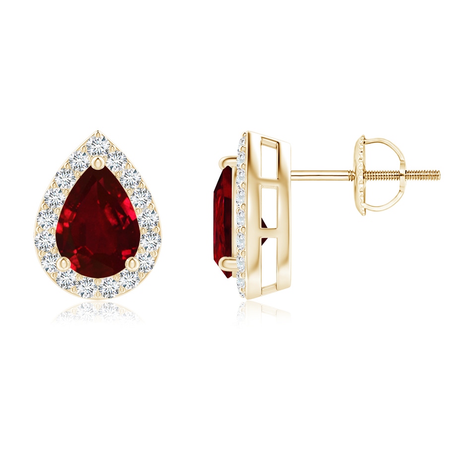 7x5mm AAAA Pear-Shaped Ruby Halo Stud Earrings in Yellow Gold 