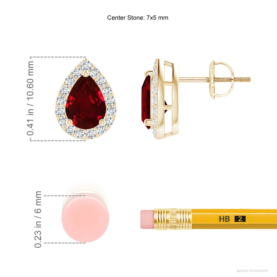 7x5mm AAAA Pear-Shaped Ruby Halo Stud Earrings in Yellow Gold ruler