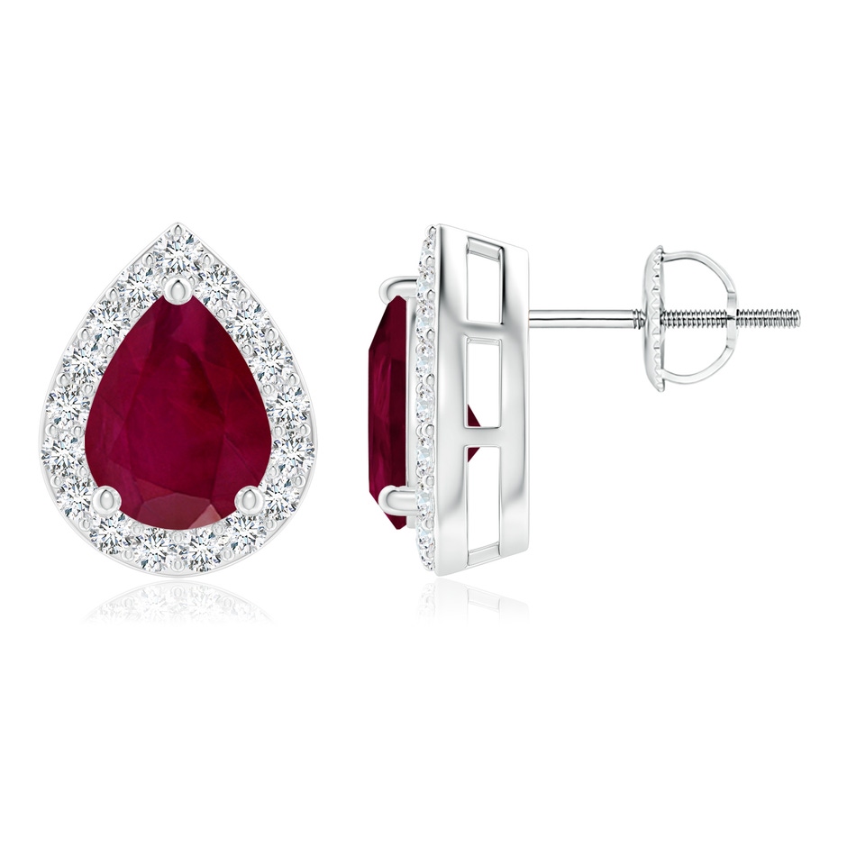8x6mm A Pear-Shaped Ruby Halo Stud Earrings in White Gold 
