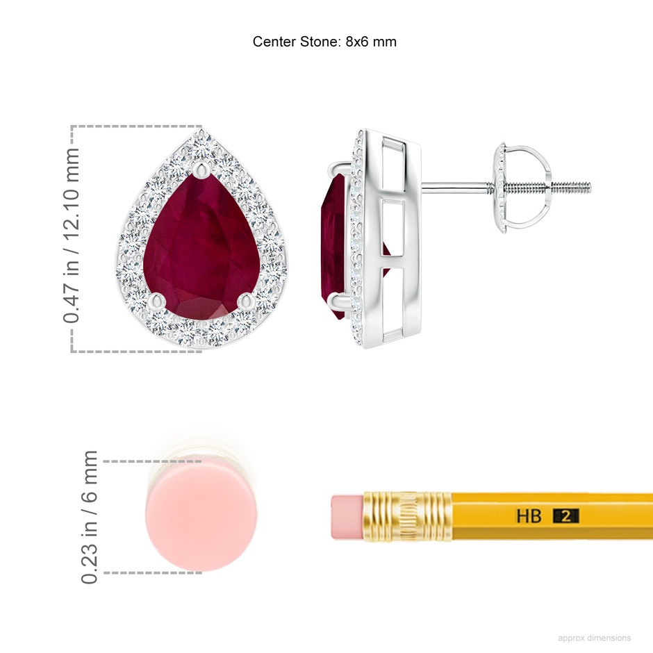 8x6mm A Pear-Shaped Ruby Halo Stud Earrings in White Gold ruler