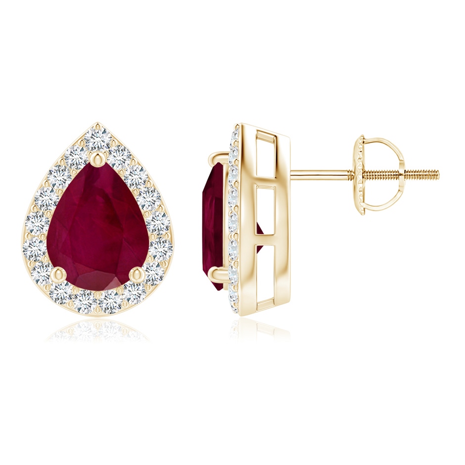 8x6mm A Pear-Shaped Ruby Halo Stud Earrings in Yellow Gold 