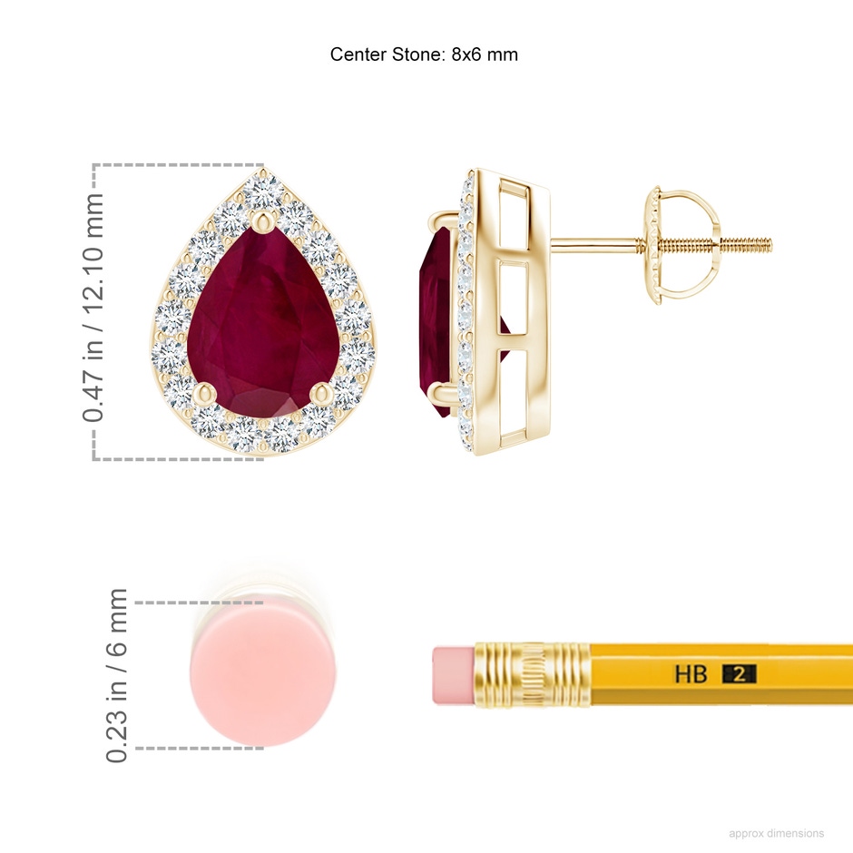 8x6mm A Pear-Shaped Ruby Halo Stud Earrings in Yellow Gold ruler
