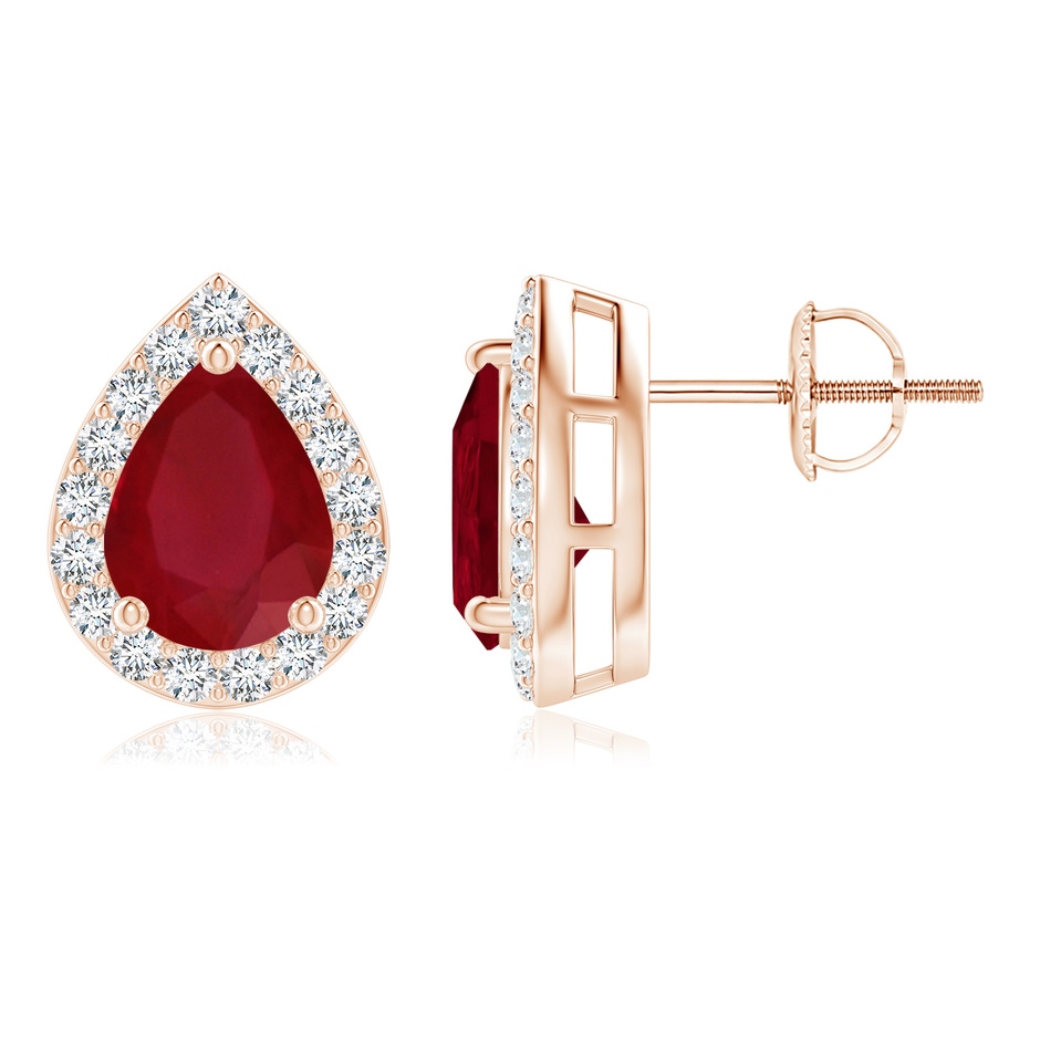 8x6mm AA Pear-Shaped Ruby Halo Stud Earrings in 18K Rose Gold 