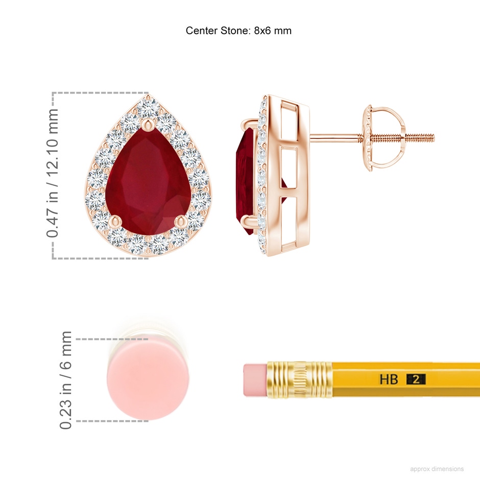 8x6mm AA Pear-Shaped Ruby Halo Stud Earrings in 18K Rose Gold ruler