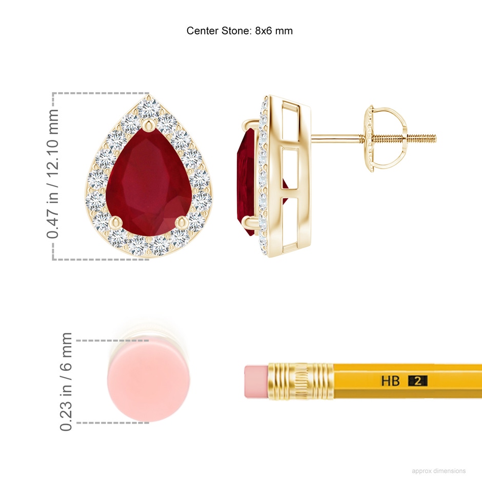 8x6mm AA Pear-Shaped Ruby Halo Stud Earrings in Yellow Gold ruler