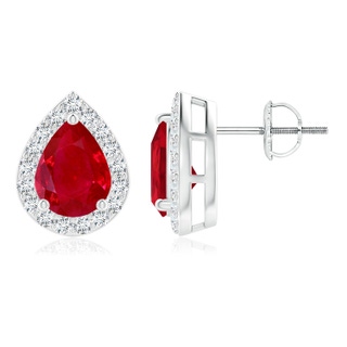 8x6mm AAA Pear-Shaped Ruby Halo Stud Earrings in P950 Platinum