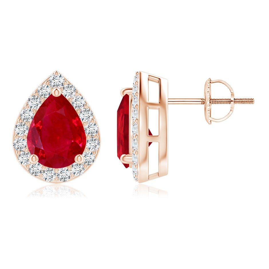 8x6mm AAA Pear-Shaped Ruby Halo Stud Earrings in Rose Gold 
