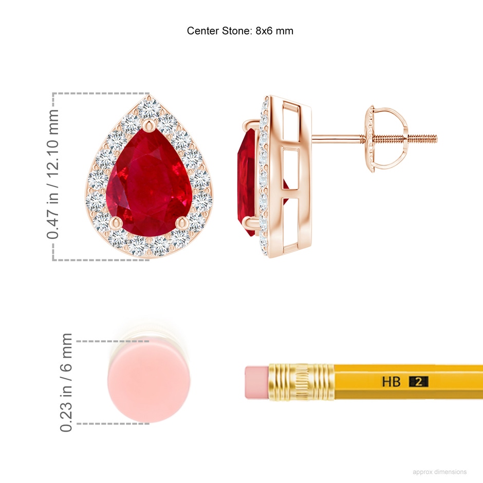 8x6mm AAA Pear-Shaped Ruby Halo Stud Earrings in Rose Gold ruler