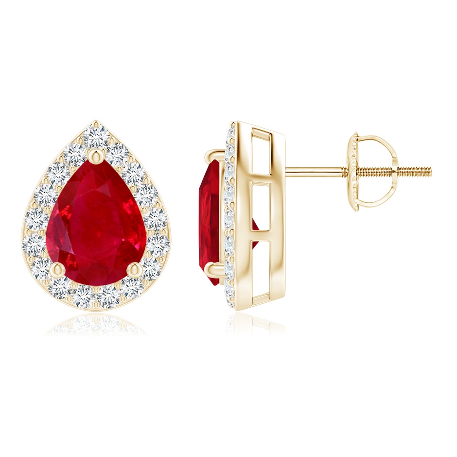 8x6mm AAA Pear-Shaped Ruby Halo Stud Earrings in Yellow Gold 