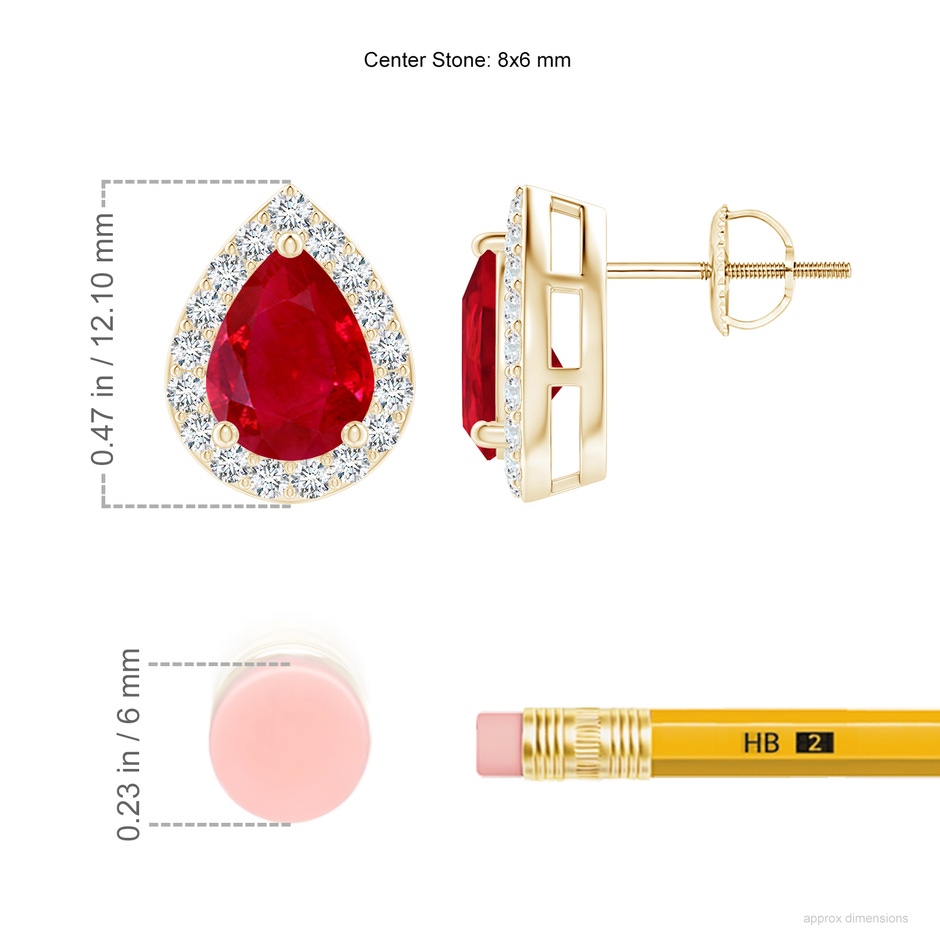 8x6mm AAA Pear-Shaped Ruby Halo Stud Earrings in Yellow Gold ruler