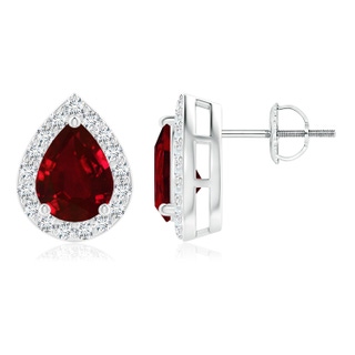 8x6mm AAAA Pear-Shaped Ruby Halo Stud Earrings in P950 Platinum