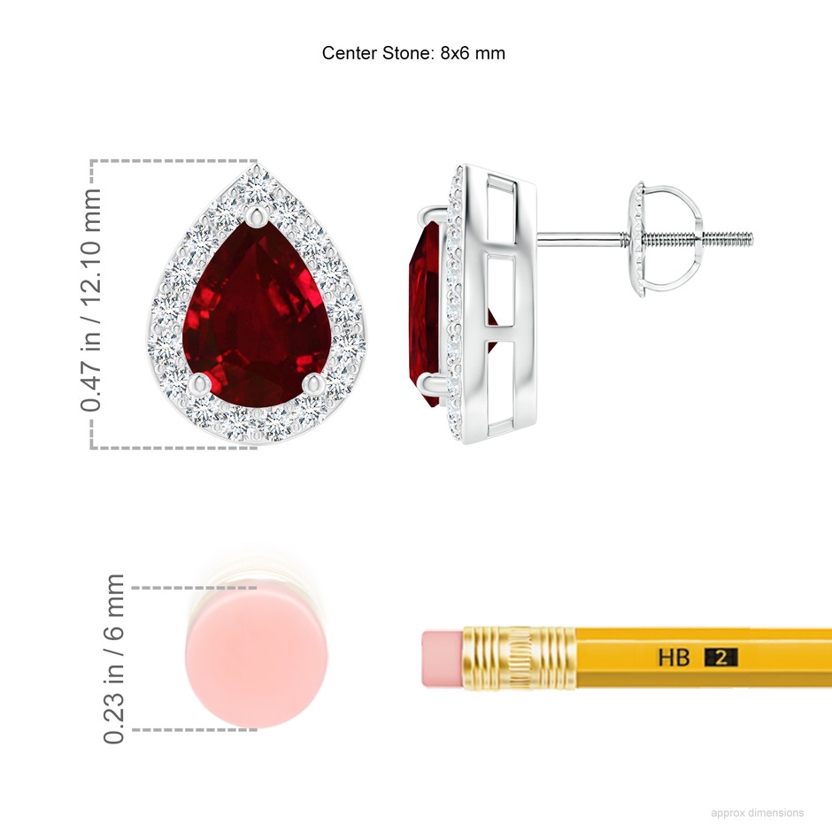 8x6mm AAAA Pear-Shaped Ruby Halo Stud Earrings in P950 Platinum ruler