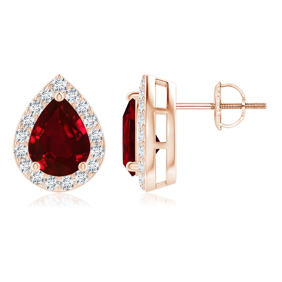 8x6mm AAAA Pear-Shaped Ruby Halo Stud Earrings in Rose Gold 