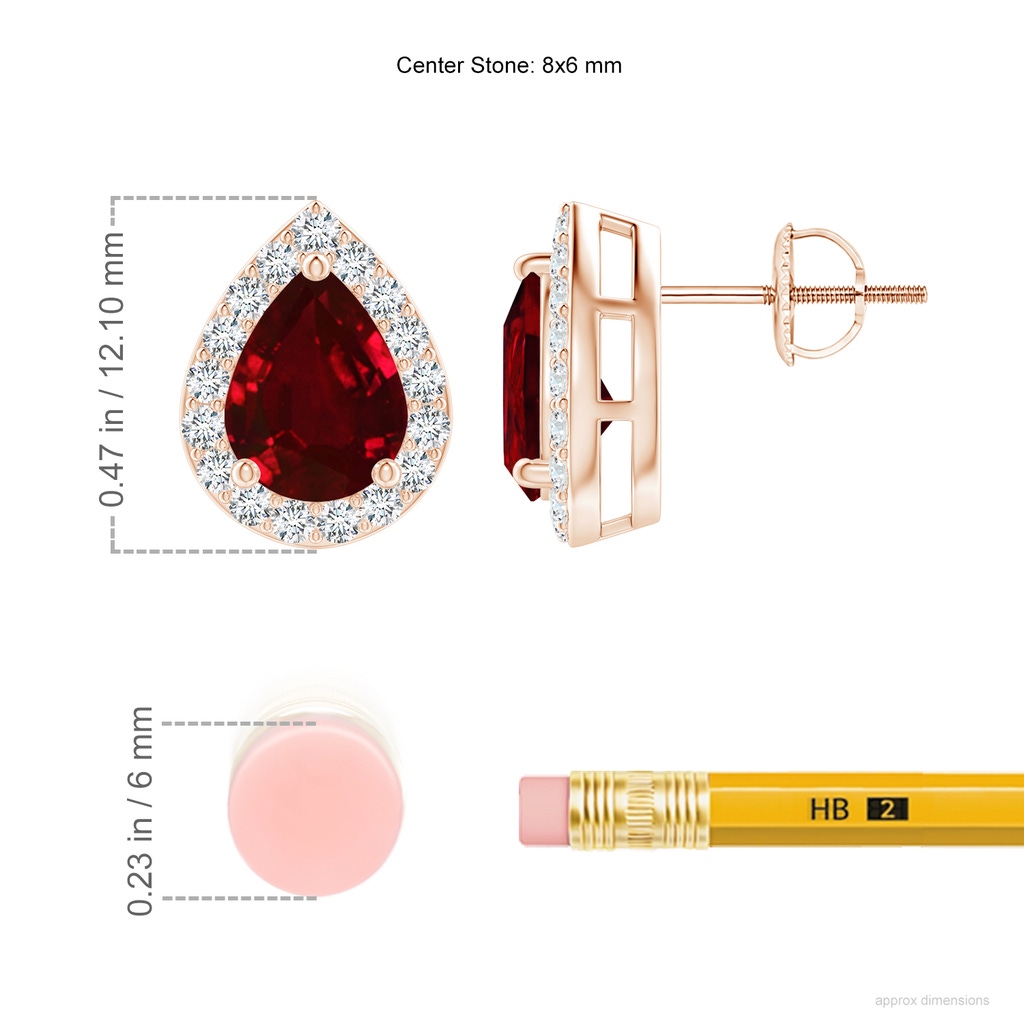 8x6mm AAAA Pear-Shaped Ruby Halo Stud Earrings in Rose Gold ruler