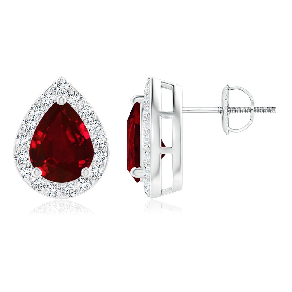 8x6mm AAAA Pear-Shaped Ruby Halo Stud Earrings in White Gold 