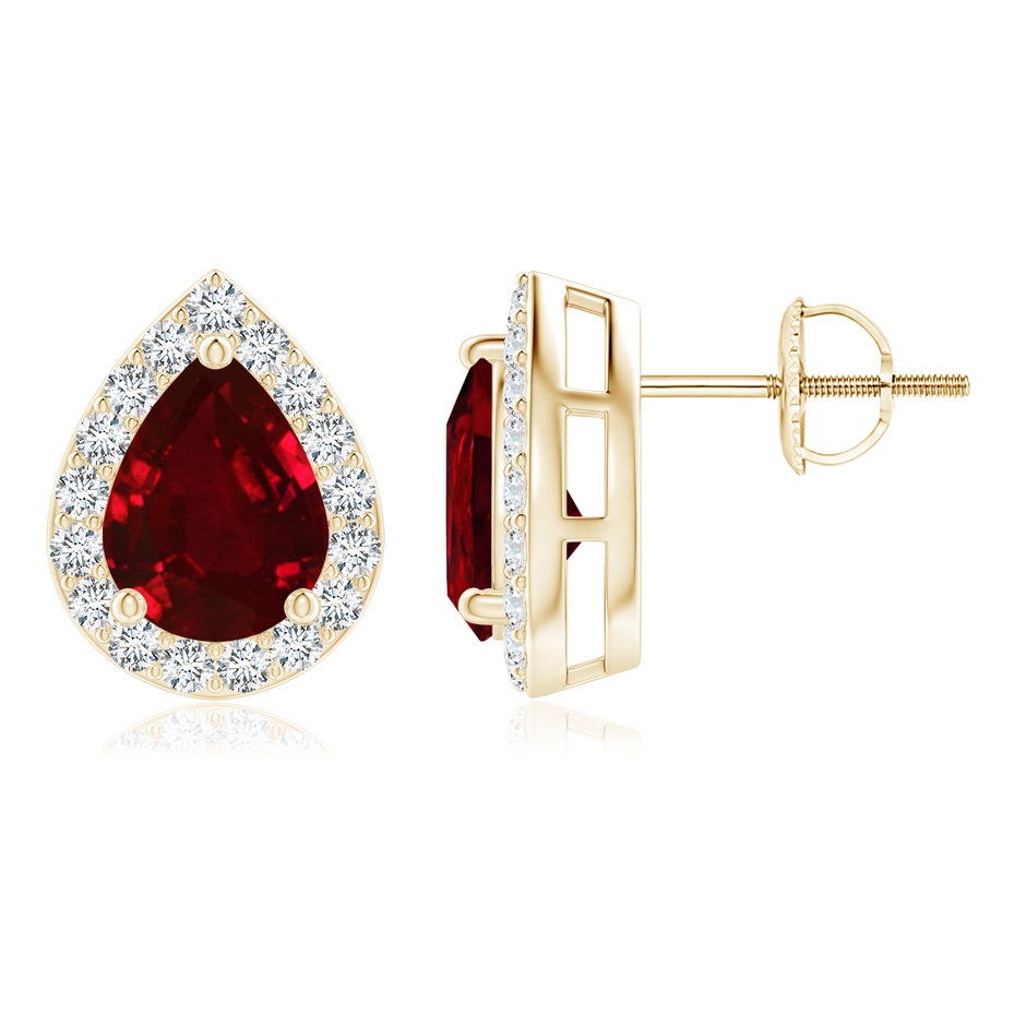 8x6mm AAAA Pear-Shaped Ruby Halo Stud Earrings in Yellow Gold 