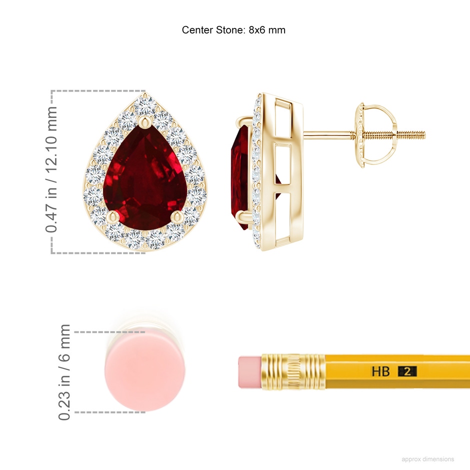 8x6mm AAAA Pear-Shaped Ruby Halo Stud Earrings in Yellow Gold ruler