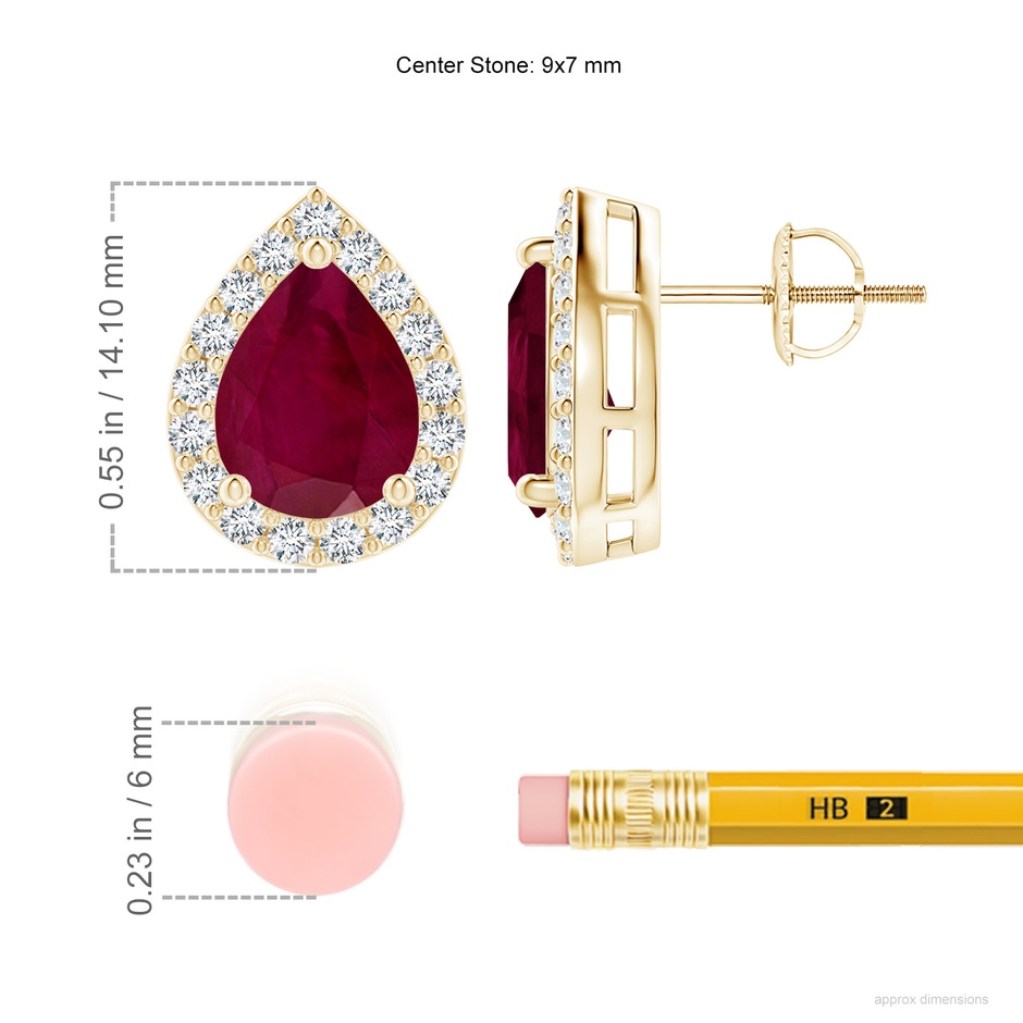 9x7mm A Pear-Shaped Ruby Halo Stud Earrings in Yellow Gold ruler