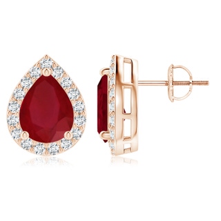 9x7mm AA Pear-Shaped Ruby Halo Stud Earrings in 18K Rose Gold