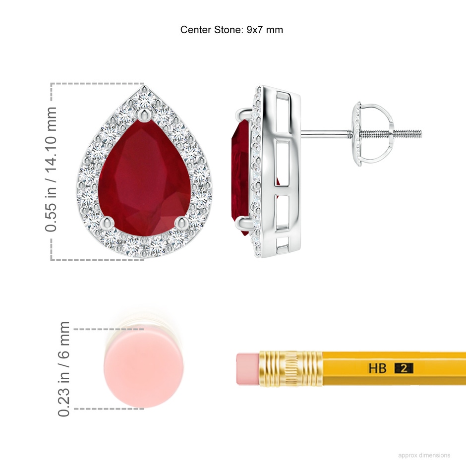 9x7mm AA Pear-Shaped Ruby Halo Stud Earrings in P950 Platinum ruler