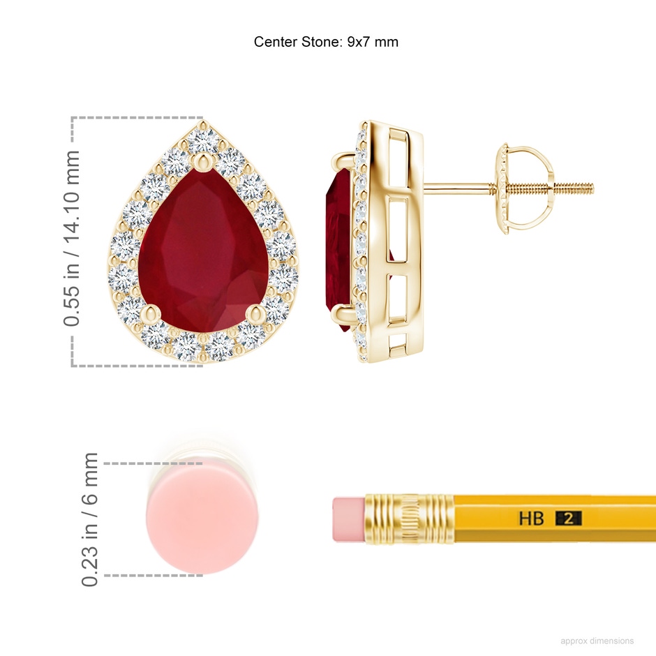 9x7mm AA Pear-Shaped Ruby Halo Stud Earrings in Yellow Gold ruler