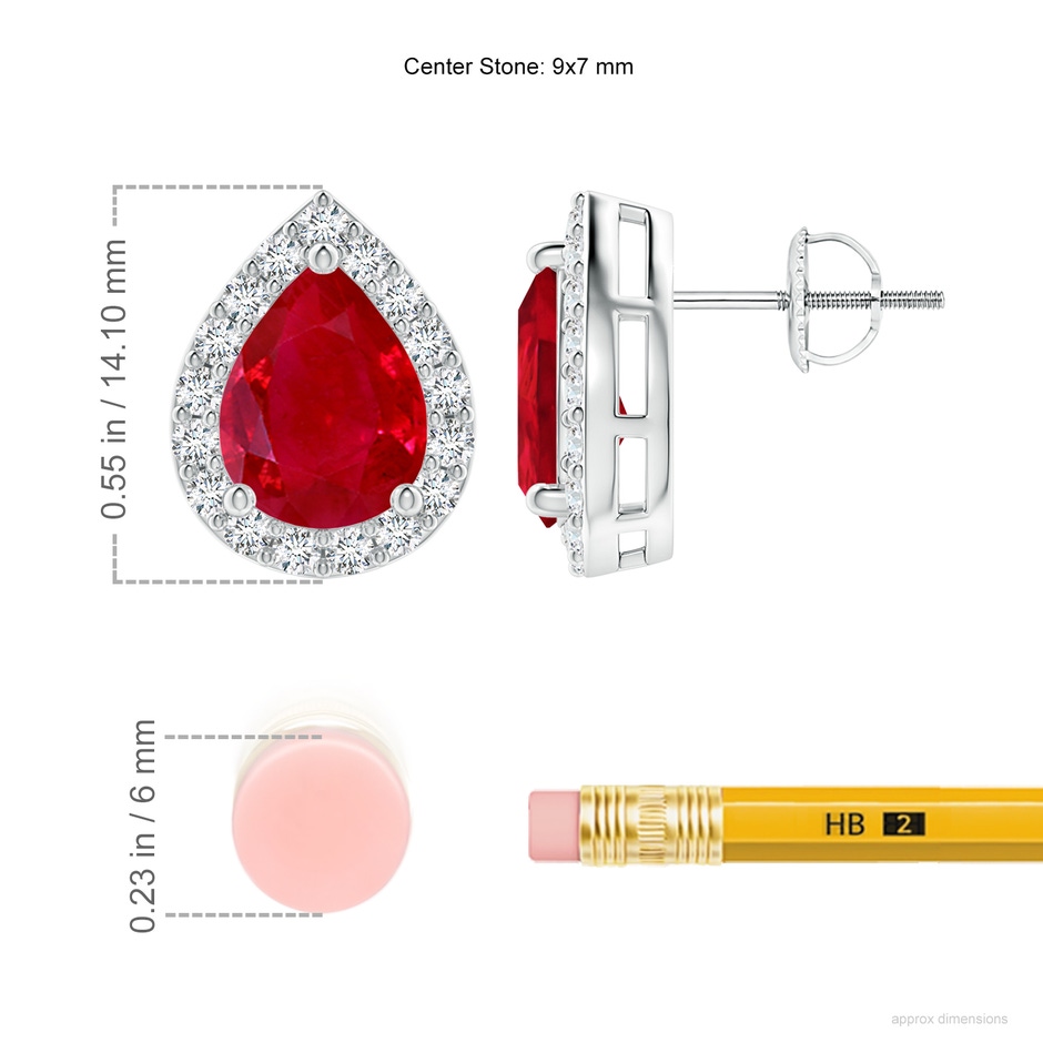 9x7mm AAA Pear-Shaped Ruby Halo Stud Earrings in P950 Platinum ruler