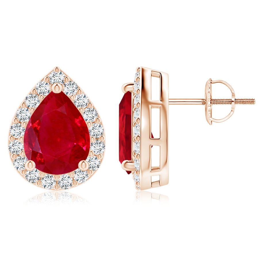 9x7mm AAA Pear-Shaped Ruby Halo Stud Earrings in Rose Gold 