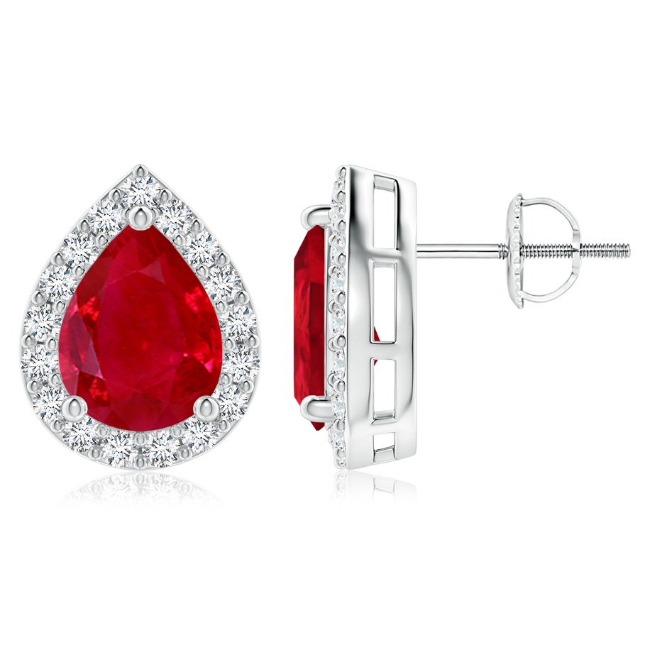 9x7mm AAA Pear-Shaped Ruby Halo Stud Earrings in White Gold 