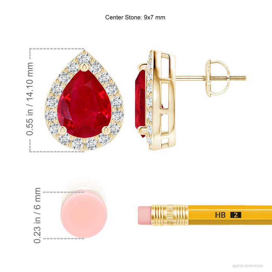 9x7mm AAA Pear-Shaped Ruby Halo Stud Earrings in Yellow Gold ruler