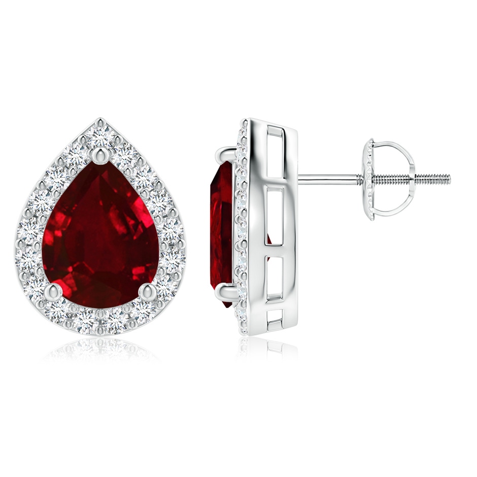 9x7mm AAAA Pear-Shaped Ruby Halo Stud Earrings in White Gold 