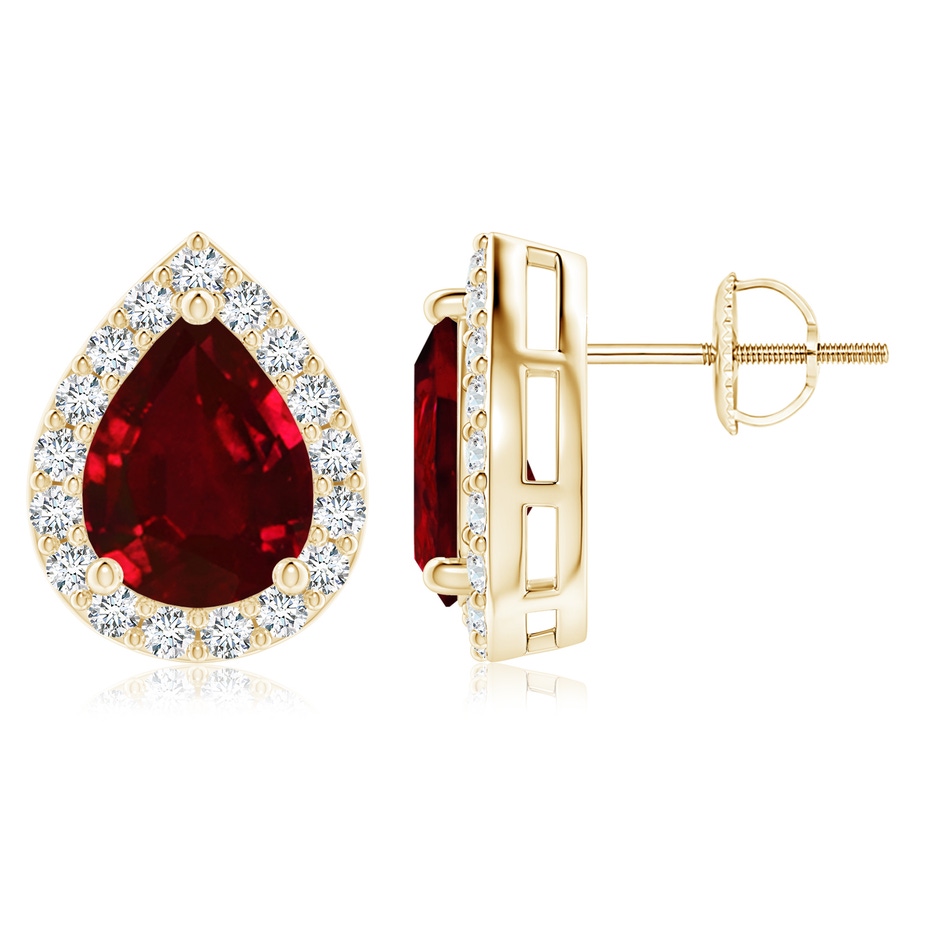9x7mm AAAA Pear-Shaped Ruby Halo Stud Earrings in Yellow Gold 