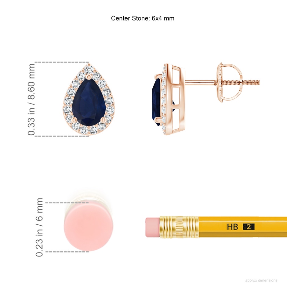 6x4mm A Pear-Shaped Sapphire Halo Stud Earrings in Rose Gold ruler