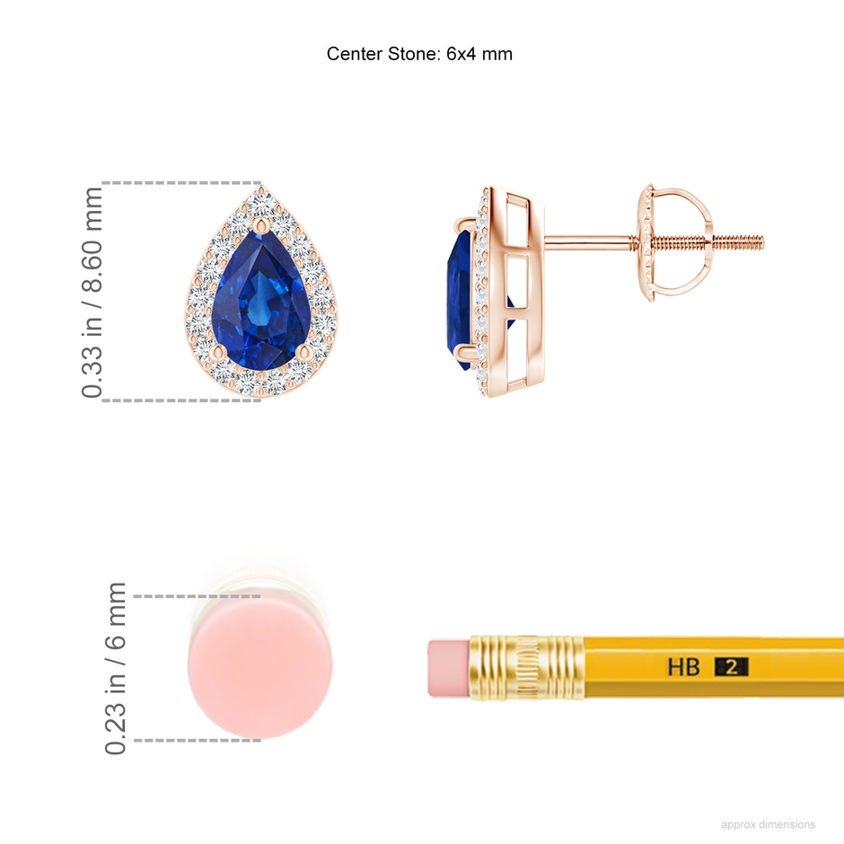 6x4mm AAA Pear-Shaped Sapphire Halo Stud Earrings in 9K Rose Gold ruler