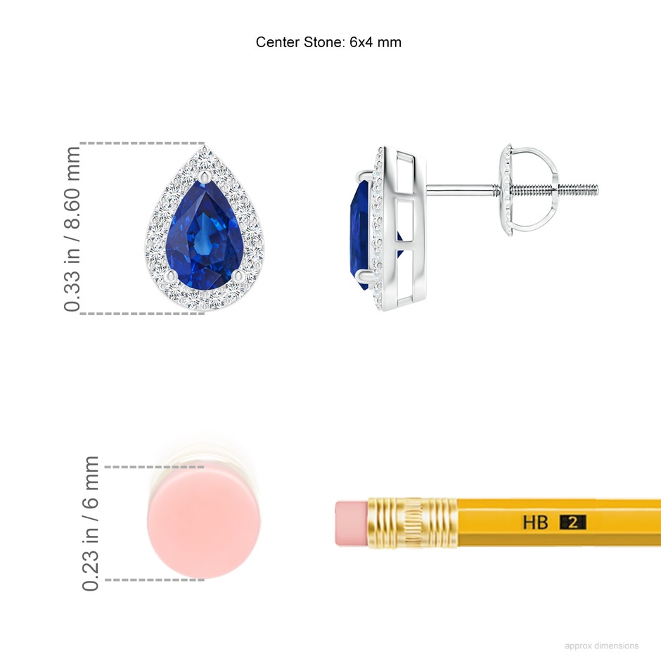 6x4mm AAA Pear-Shaped Sapphire Halo Stud Earrings in White Gold ruler