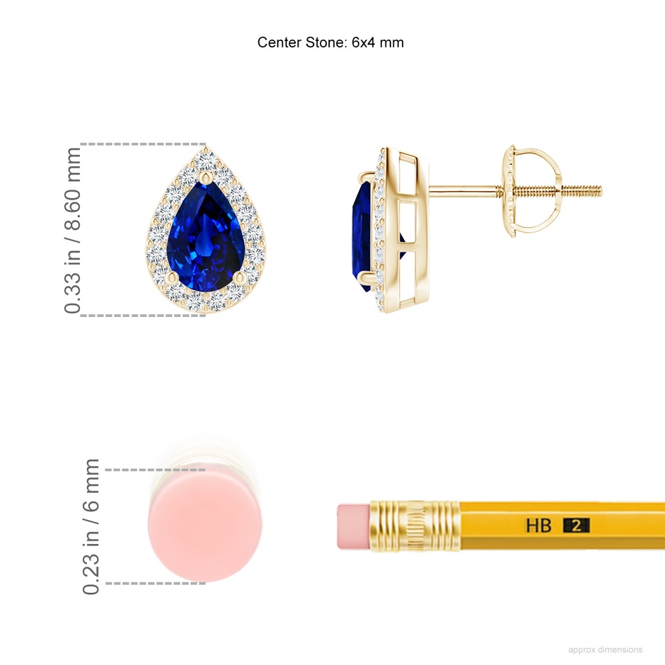 6x4mm AAAA Pear-Shaped Sapphire Halo Stud Earrings in Yellow Gold ruler