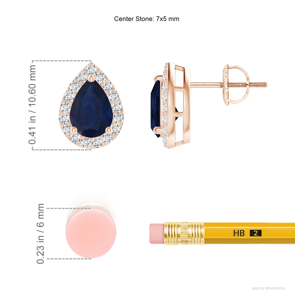 7x5mm A Pear-Shaped Sapphire Halo Stud Earrings in Rose Gold ruler