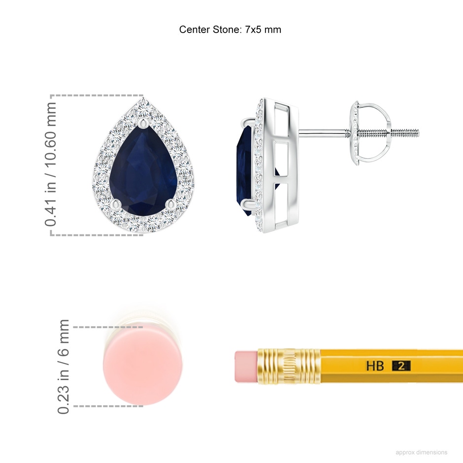 7x5mm A Pear-Shaped Sapphire Halo Stud Earrings in White Gold ruler