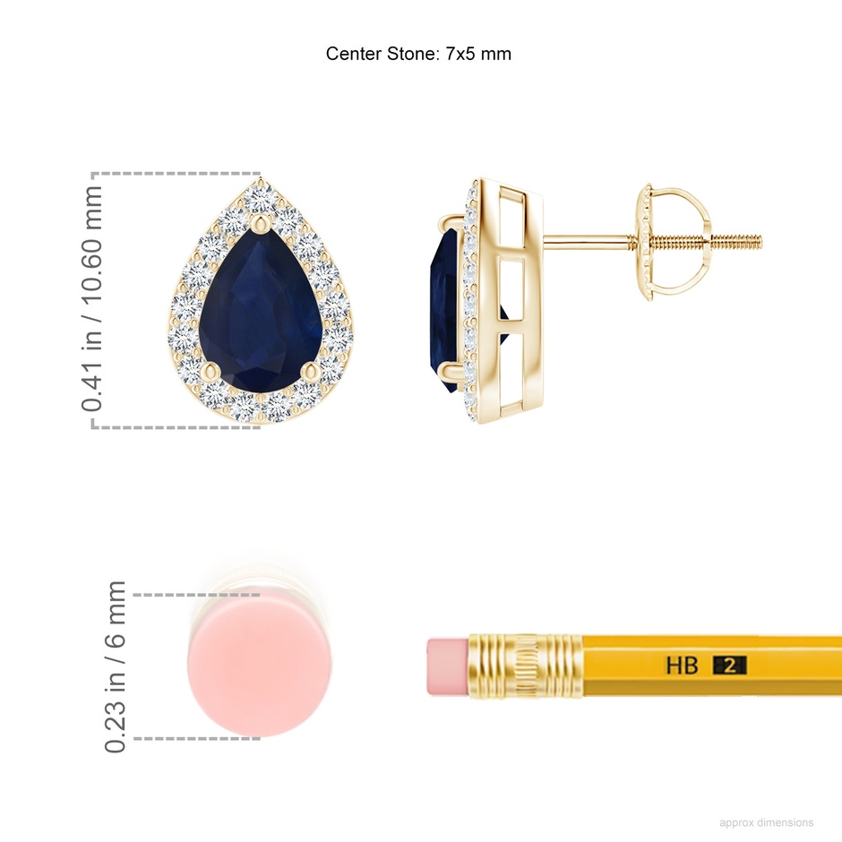 7x5mm A Pear-Shaped Sapphire Halo Stud Earrings in Yellow Gold ruler