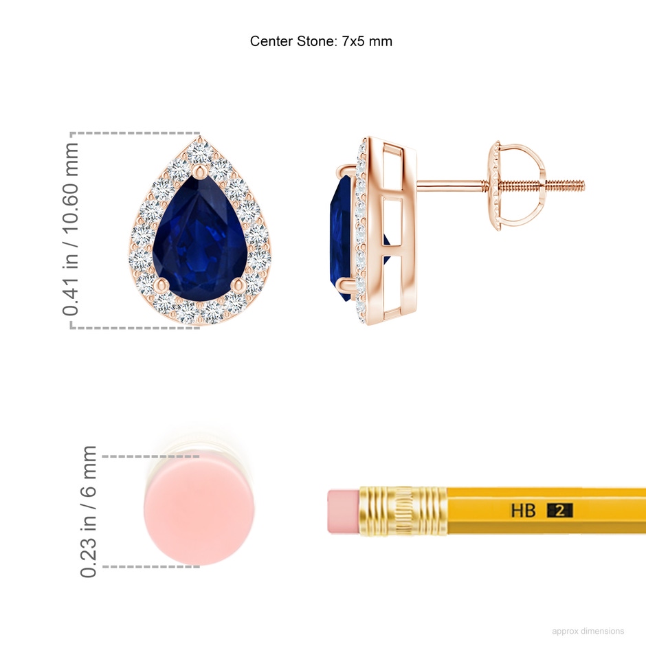 7x5mm AA Pear-Shaped Sapphire Halo Stud Earrings in Rose Gold ruler