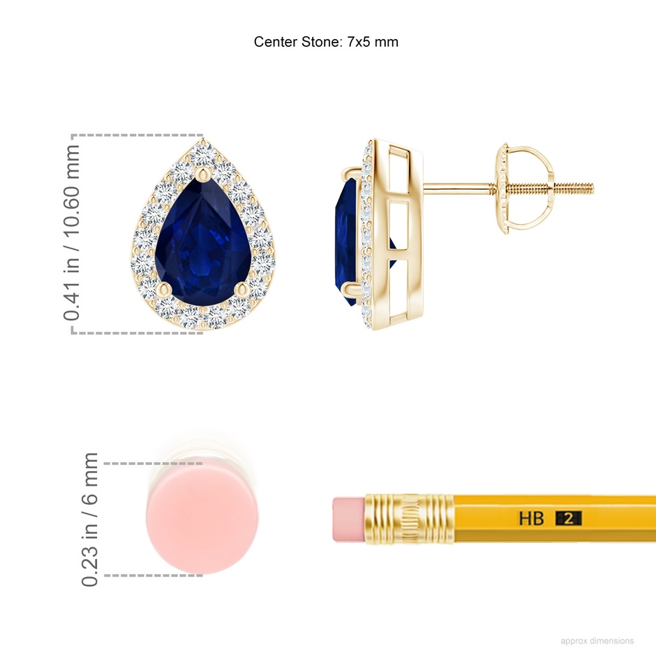 7x5mm AA Pear-Shaped Sapphire Halo Stud Earrings in Yellow Gold ruler
