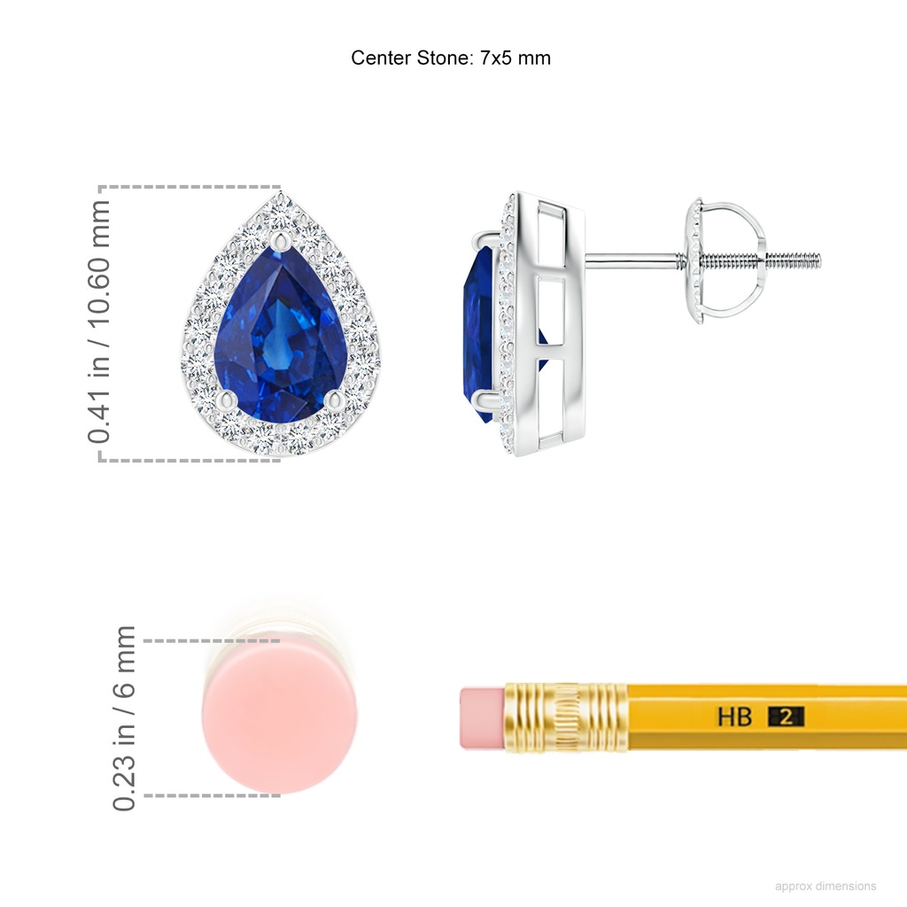 7x5mm AAA Pear-Shaped Sapphire Halo Stud Earrings in White Gold ruler