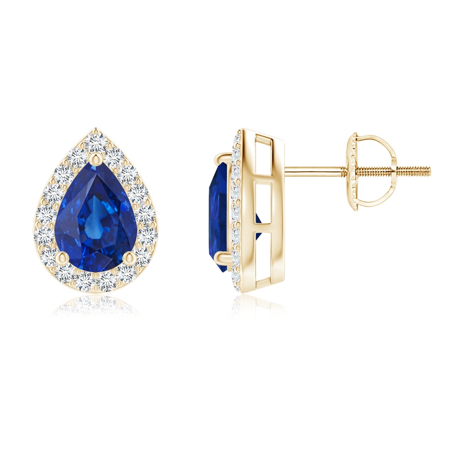 7x5mm AAA Pear-Shaped Sapphire Halo Stud Earrings in Yellow Gold 