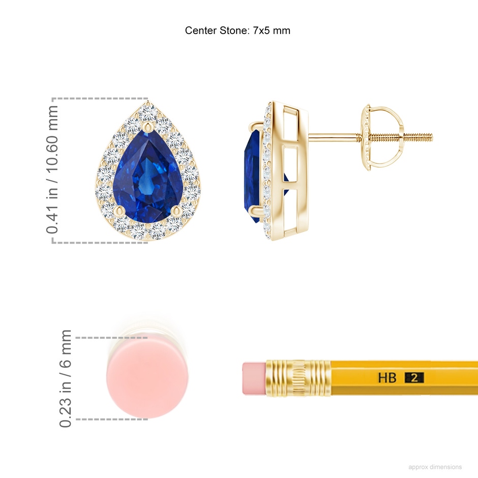 7x5mm AAA Pear-Shaped Sapphire Halo Stud Earrings in Yellow Gold ruler