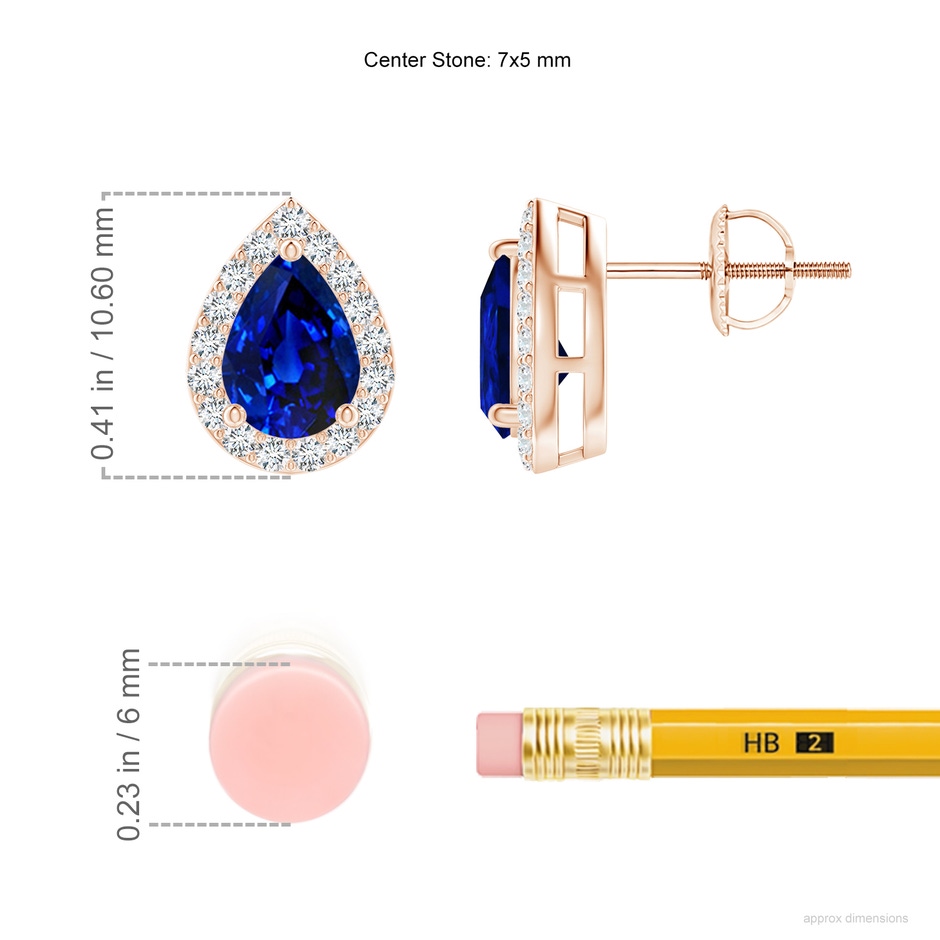 7x5mm Lab-Grown Pear-Shaped Sapphire Halo Stud Earrings in Rose Gold ruler