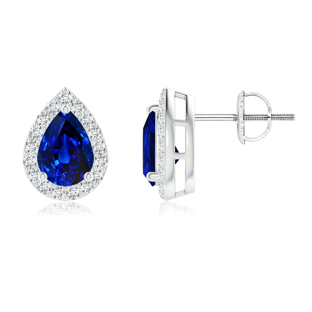 7x5mm Lab-Grown Pear-Shaped Sapphire Halo Stud Earrings in White Gold