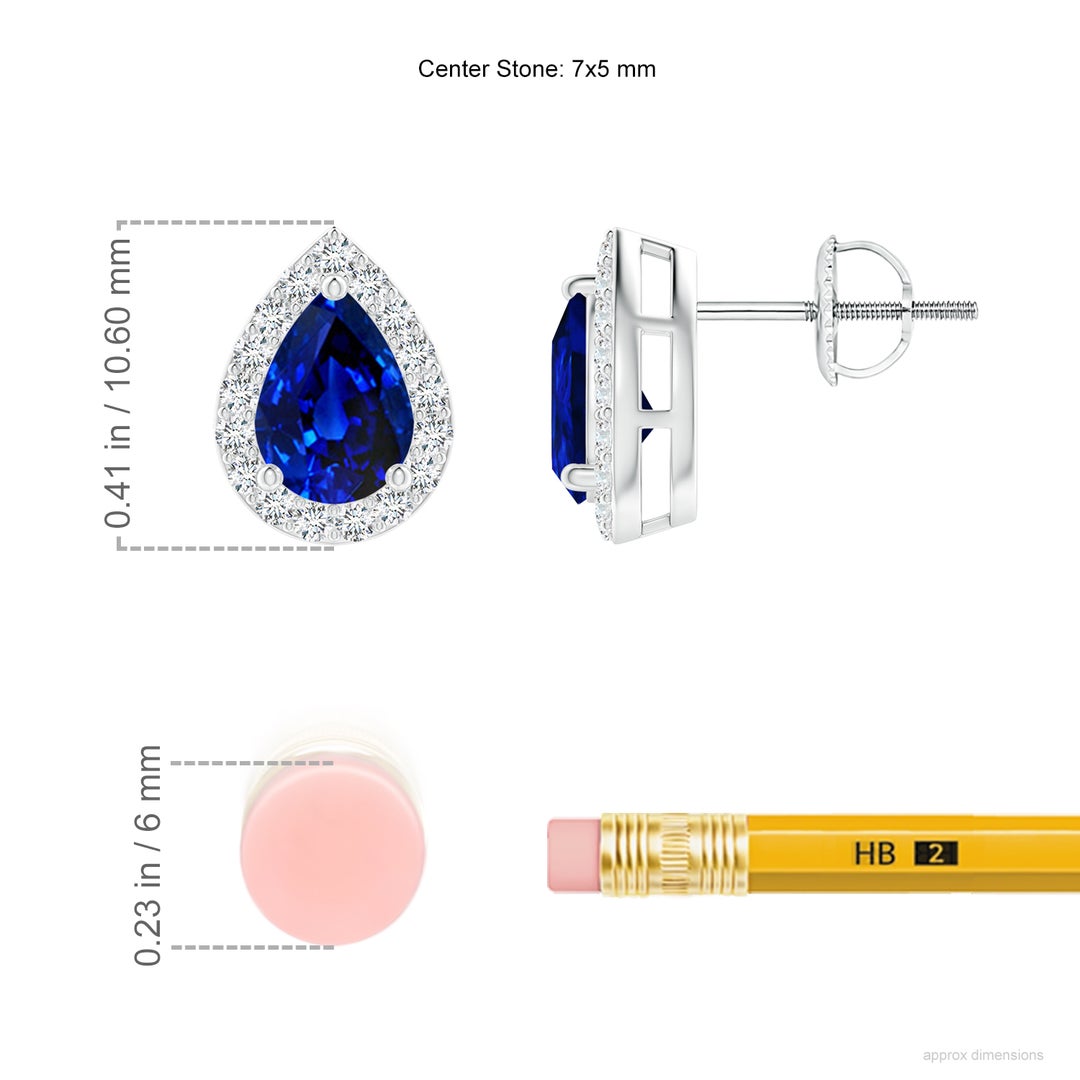7x5mm AAAA Pear-Shaped Sapphire Halo Stud Earrings in White Gold - ruler