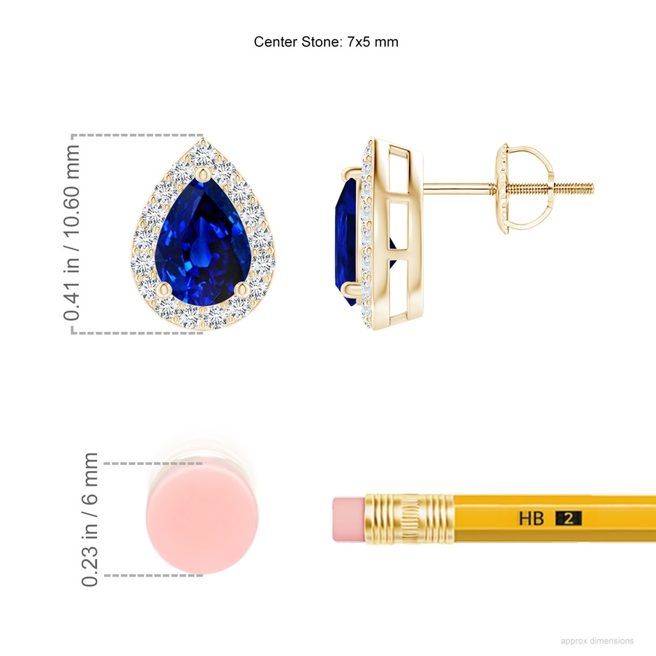 7x5mm AAAA Pear-Shaped Sapphire Halo Stud Earrings in Yellow Gold ruler